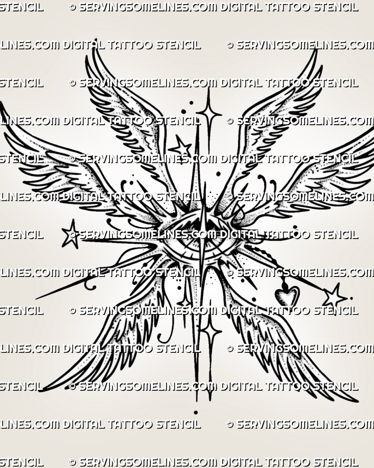 Guardian angel eye tattoo stencil with hidden eye, six wings, star details, heart charm, and clean winged line art.