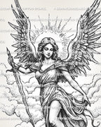 Close view of a guardian angel tattoo stencil showing the female figure, halo, wing texture, and sword detail.