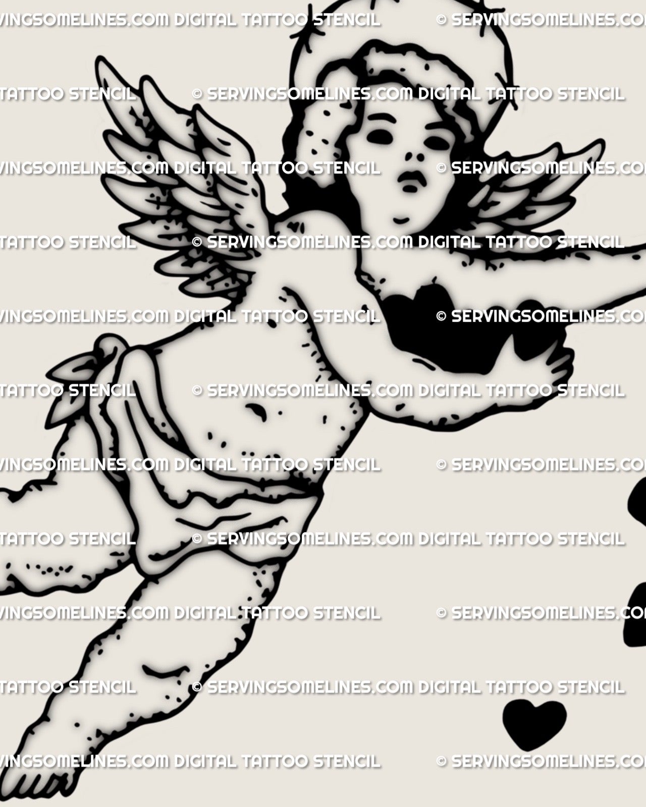 Close view of guardian cherub tattoo stencil showing barbed halo, scattered hearts, small wings, and crisp black linework