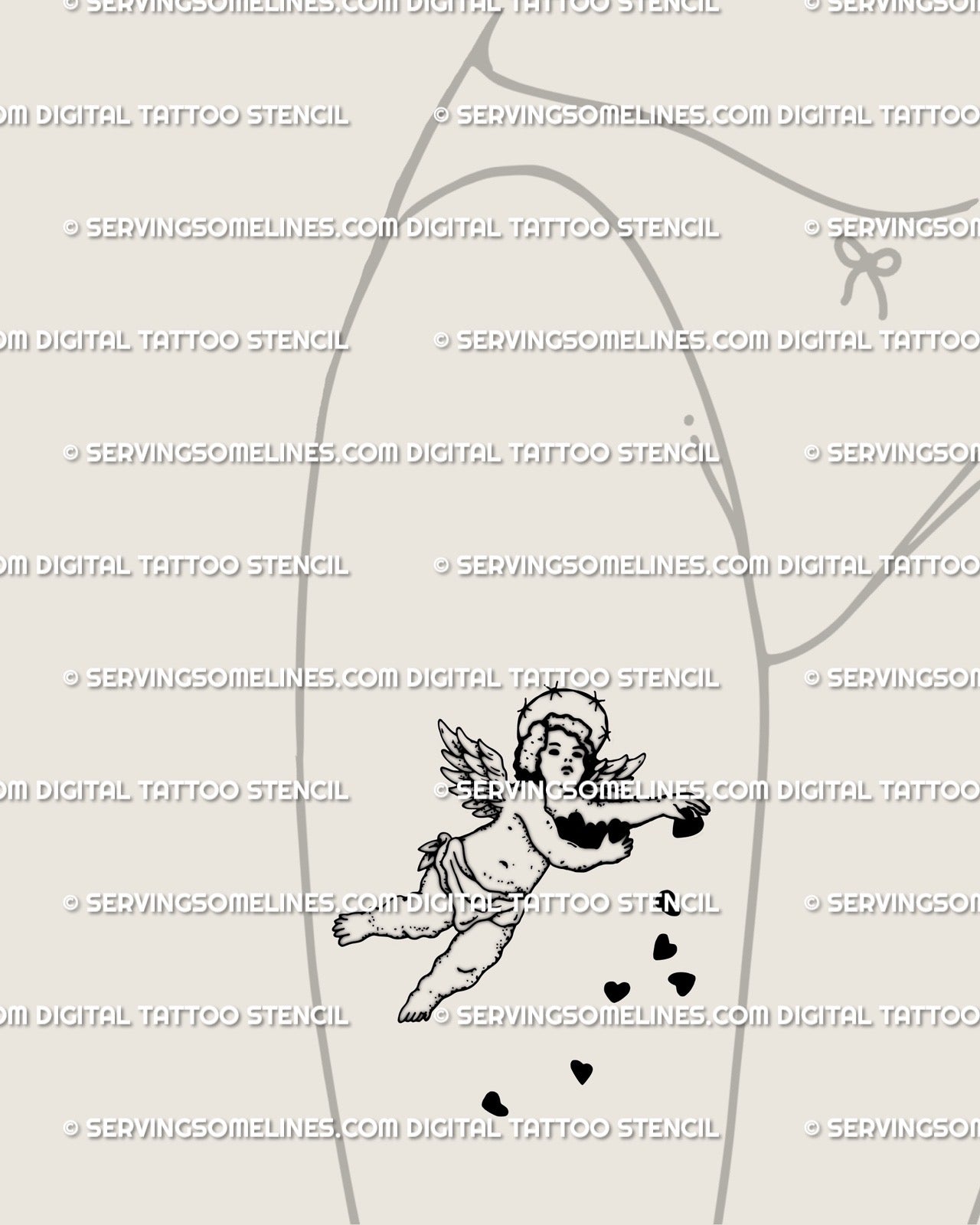 Guardian cherub tattoo stencil shown on women’s thigh placement with trailing hearts, small wings, and protective angel detail