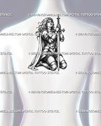 Guardian knight tattoo stencil shown on upper back with kneeling female warrior, sword pose, medieval armor, and dramatic fantasy tattoo composition
