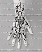 Hand and finger tattoo stencil shown on full hand placement, with gothic neotribal linework and connected finger details 