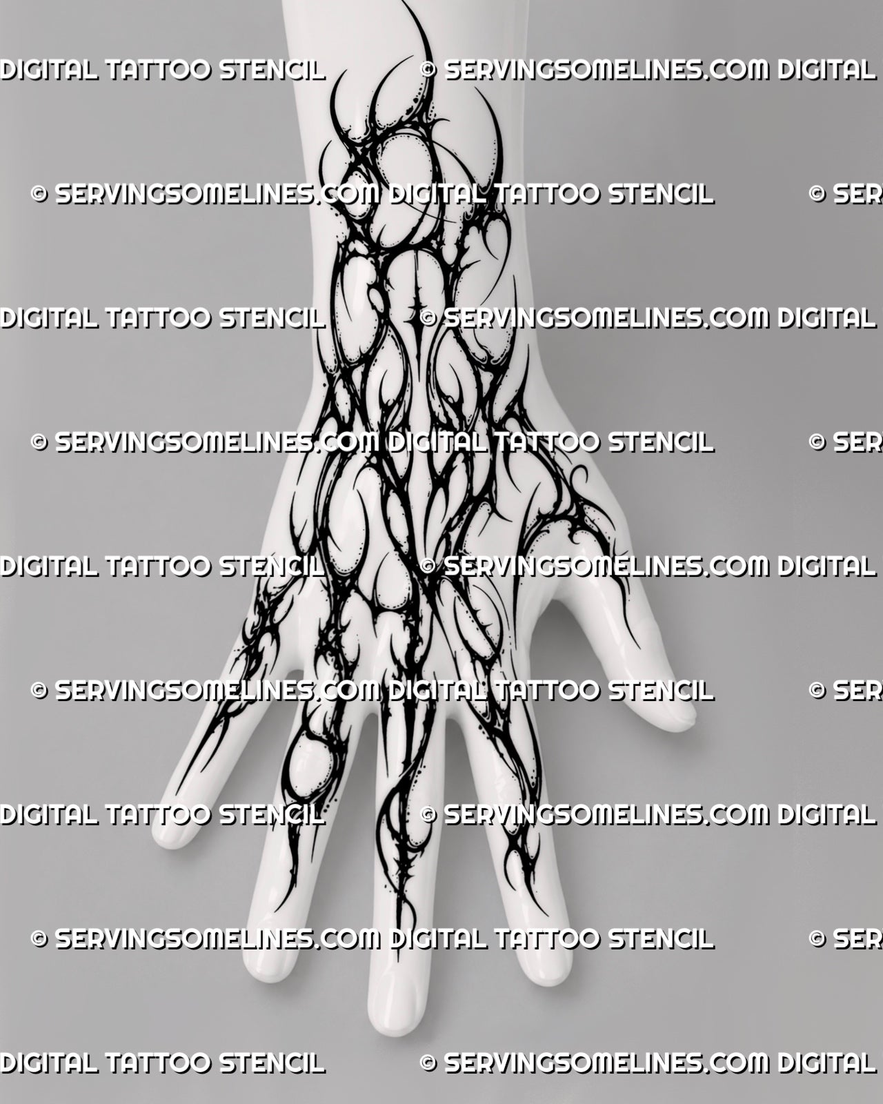 Hand and finger tattoo stencil shown on full hand placement, with gothic neotribal linework and connected finger details 