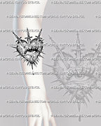 Heart and eye tattoo stencil shown on forearm, with central eye, three swords, jagged heart edges, dotted shading, and lower drop.