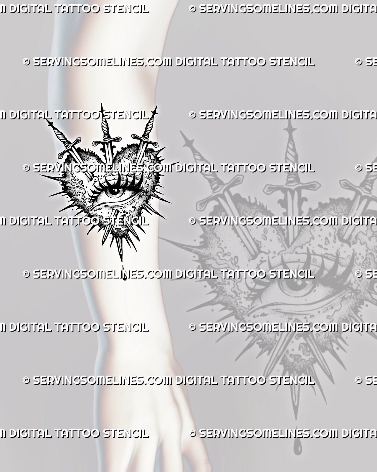 Heart and eye tattoo stencil shown on forearm, with central eye, three swords, jagged heart edges, dotted shading, and lower drop.