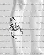 Heart body scorpion tattoo displayed on calf placement, with slim legs, dotted shading, sharp stinger, and readable black linework