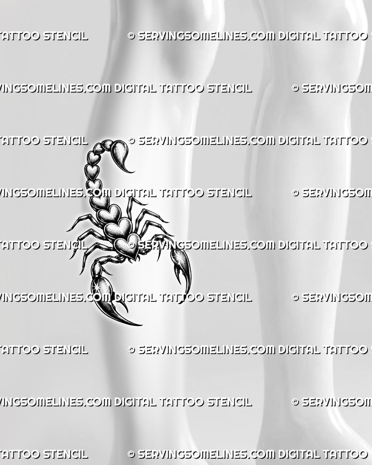 Heart body scorpion tattoo displayed on calf placement, with slim legs, dotted shading, sharp stinger, and readable black linework