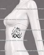 Heart cherry tattoo stencil shown on side body with twin heart-shaped cherries, flame accents, sparkle details, curved stems, and black and white tattoo linework