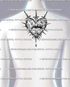 Heart eye tattoo stencil shown on upper back, with sword details, central eye, jagged heart shape, dotted shading, and lower drop.