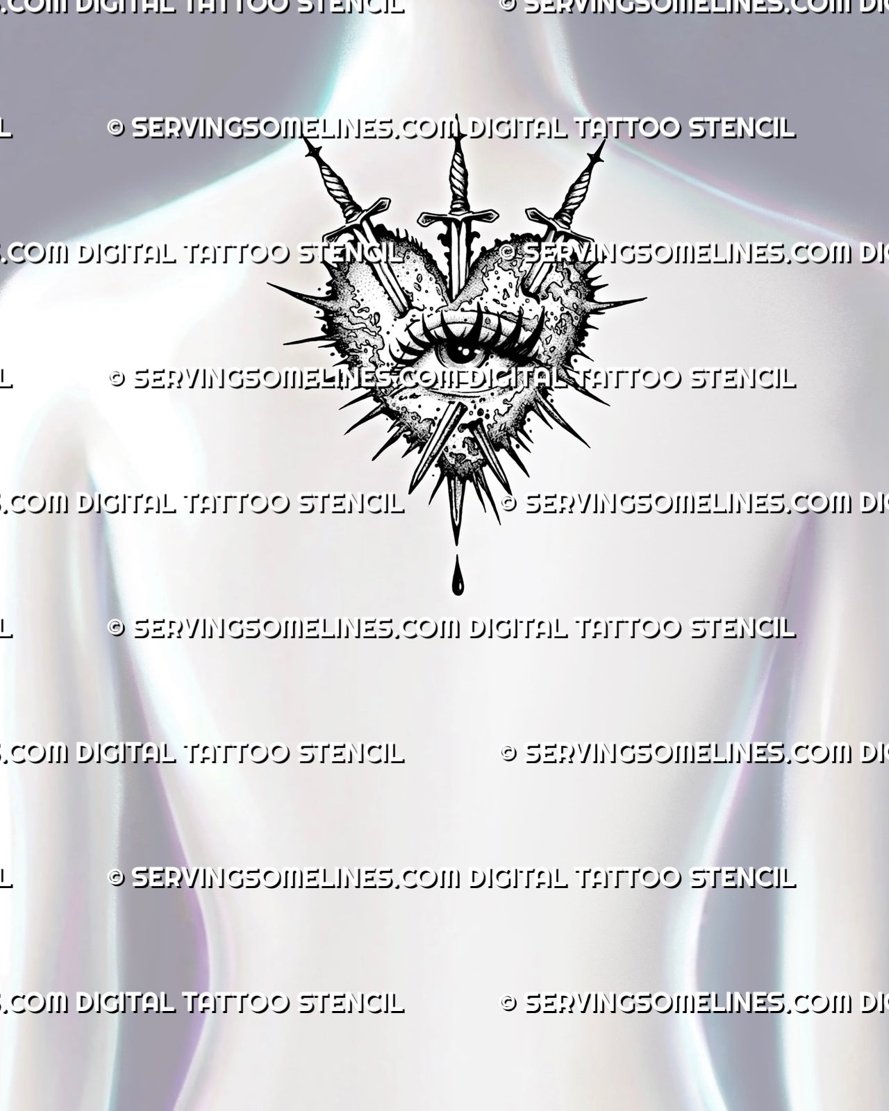 Heart eye tattoo stencil shown on upper back, with sword details, central eye, jagged heart shape, dotted shading, and lower drop.