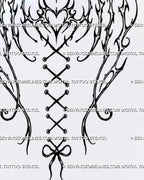 Close-up of stacked gothic hearts with lace-up spine ribbon, crossed ties, small bow, four-point star, and dark romantic feminine tattoo details