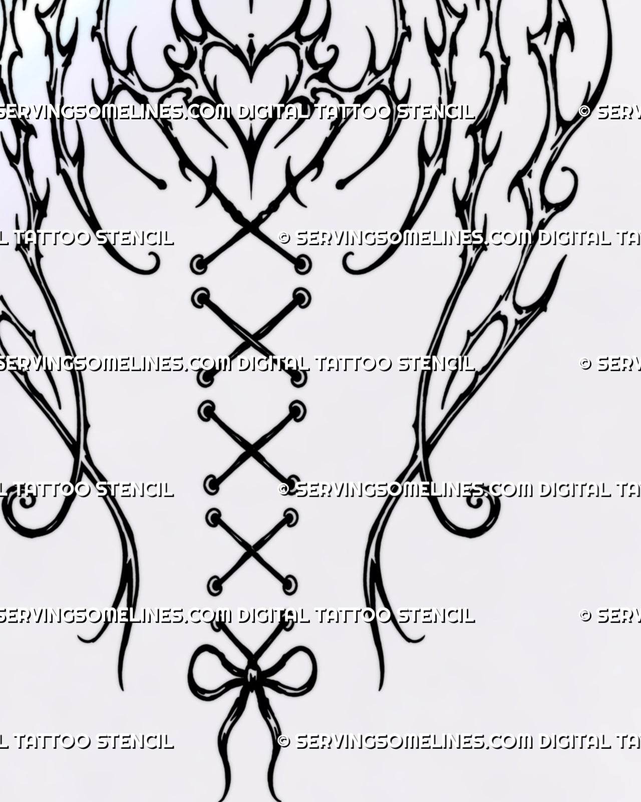 Close-up of stacked gothic hearts with lace-up spine ribbon, crossed ties, small bow, four-point star, and dark romantic feminine tattoo details