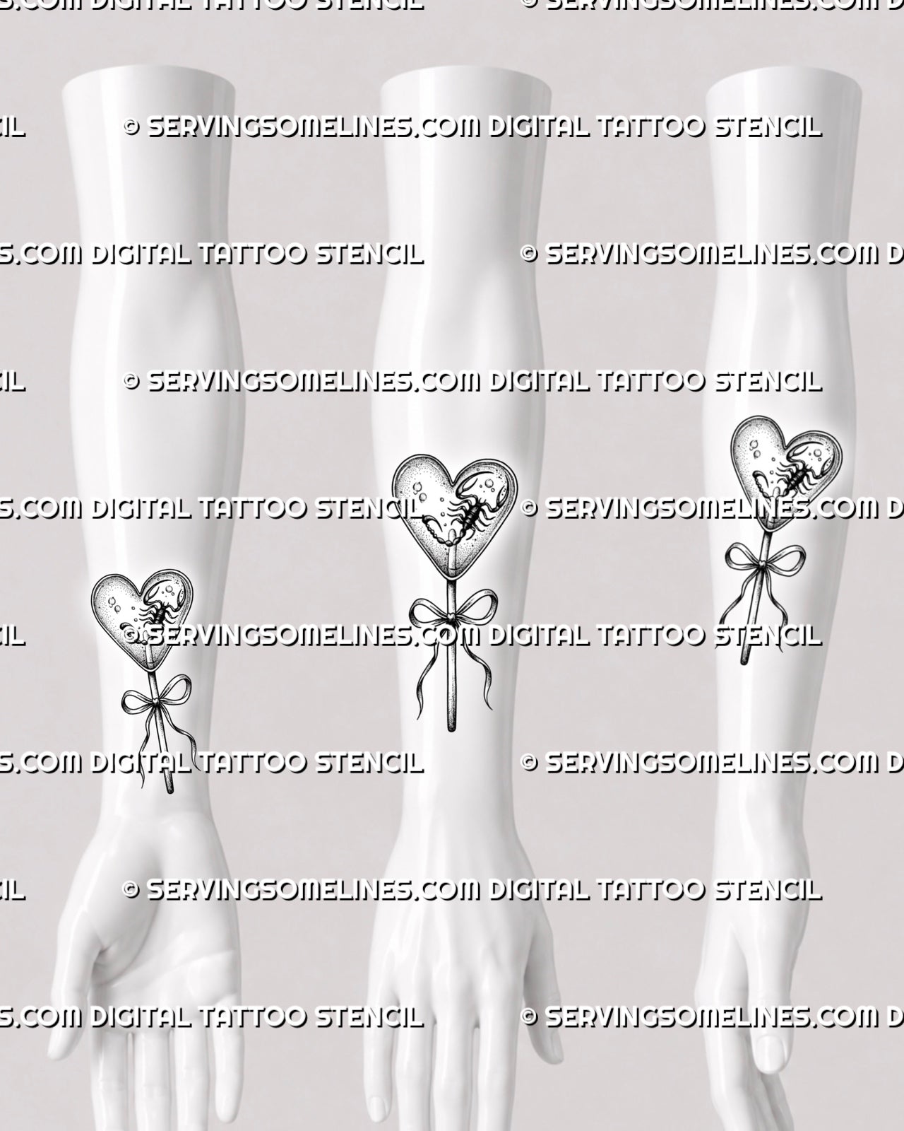Heart lollipop tattoo stencil shown as forearm and wrist placement preview with candy heart shape and scorpion detail.