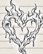 Close-up of a heart made of flames tattoo design showing pointed fire tips, curved inner channels, dripping edges, and fine stippled shading