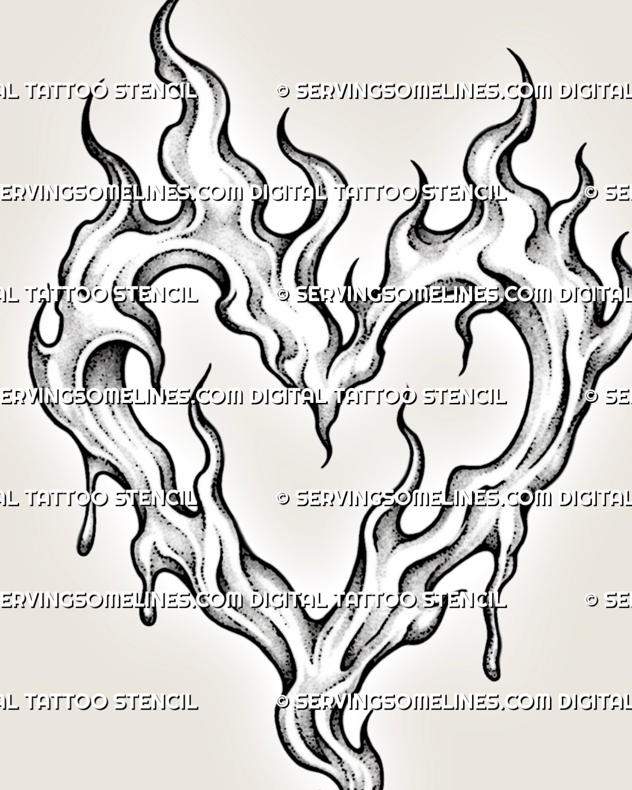 Close-up of a heart made of flames tattoo design showing pointed fire tips, curved inner channels, dripping edges, and fine stippled shading