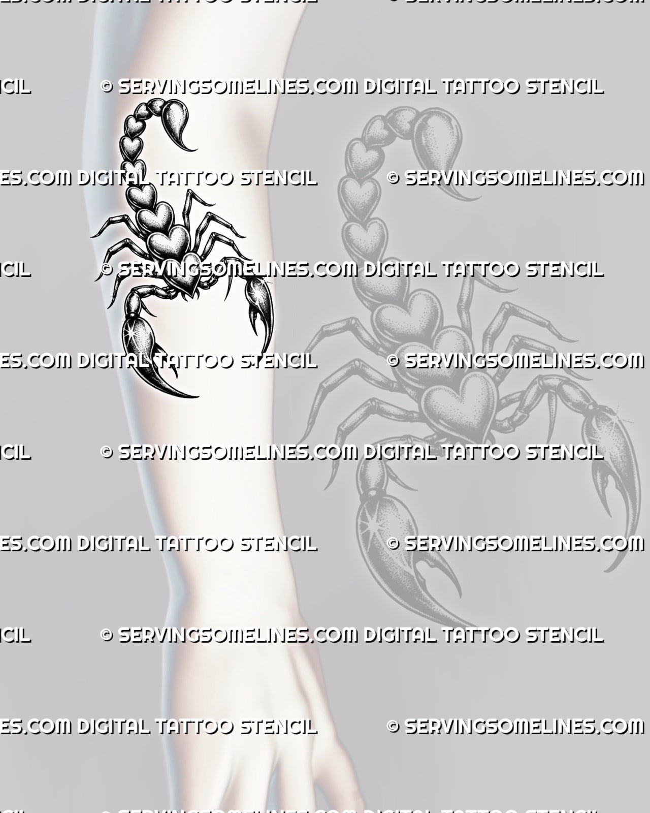Heart scorpion tattoo design shown on forearm placement, with curved tail, open claws, and dark feminine blackwork details