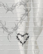 Heart shaped barbed wire tattoo stencil shown on shin placement with pointed wire knots