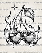 Heart-shaped cherry tattoo stencil with twin cherries, gothic flame details, sparkle accents, leaf detail, curved stems, and black and white fruit tattoo linework