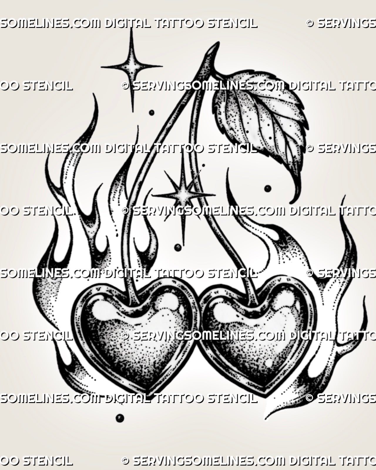 Heart-shaped cherry tattoo stencil with twin cherries, gothic flame details, sparkle accents, leaf detail, curved stems, and black and white fruit tattoo linework