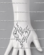 Heart shaped flame tattoo shown on the hand with rising fire points, open negative space, curved flame channels, and dripping lower edges