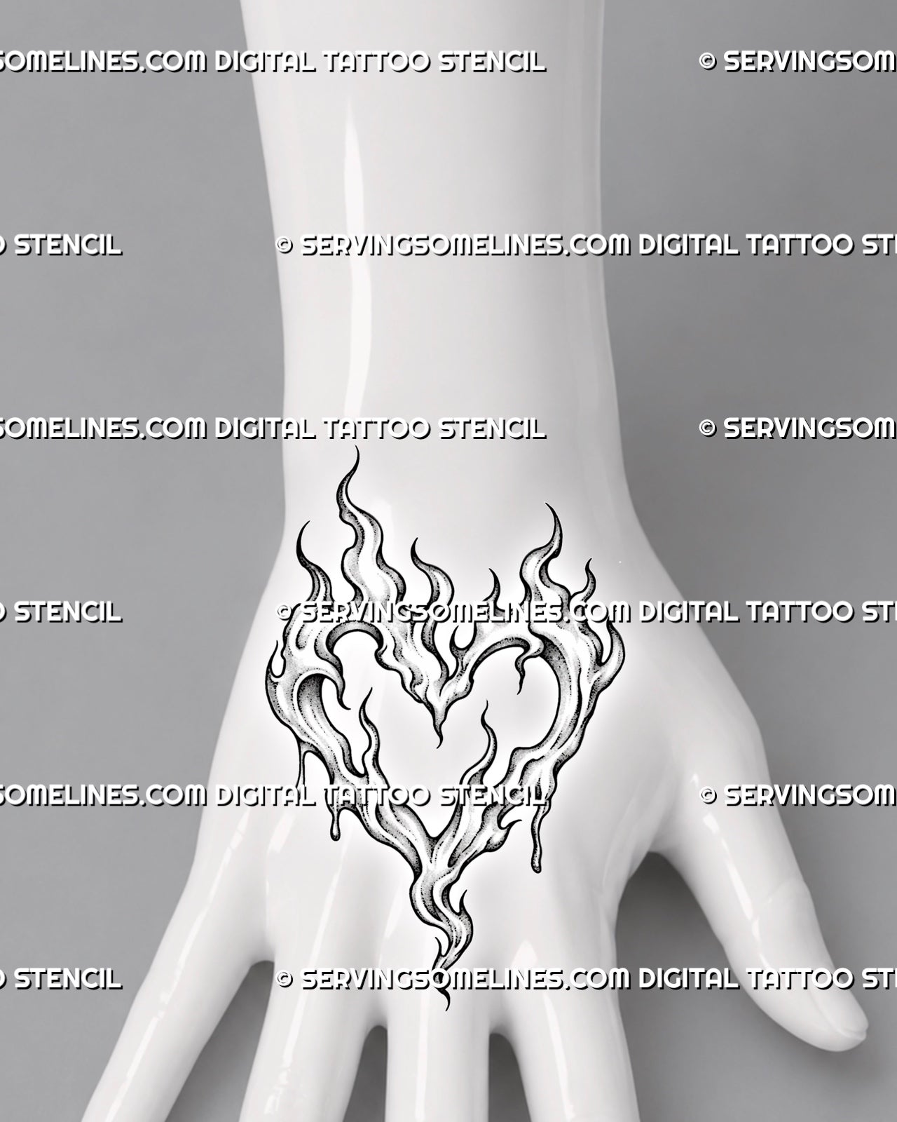 Heart shaped flame tattoo shown on the hand with rising fire points, open negative space, curved flame channels, and dripping lower edges