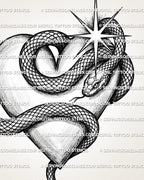 Heart snake tattoo stencil with shaded heart, coiled snake body, visible head, scale detail, and dark romantic style.