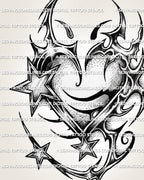 Heart and stars tattoo stencil with chrome-style shading, bold star accents, and clear Y2K heart shape