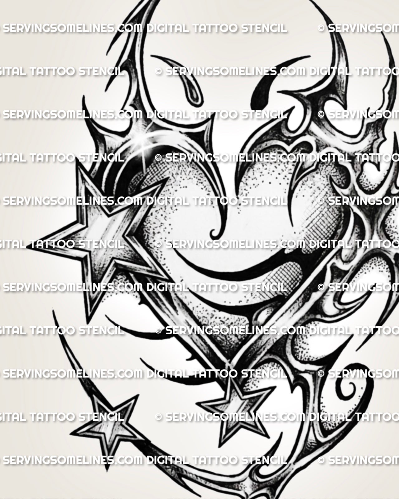 Heart and stars tattoo stencil with chrome-style shading, bold star accents, and clear Y2K heart shape