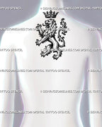 Heraldic lion tattoo stencil shown on upper back with medieval crowned lion, rampant pose, curled ornamental tail, raised claws, and royal gothic detail