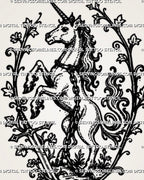 Close view of heraldic unicorn tattoo stencil showing spiral horn, lifted legs, sword, chain, leafy vines, and medieval fantasy detail