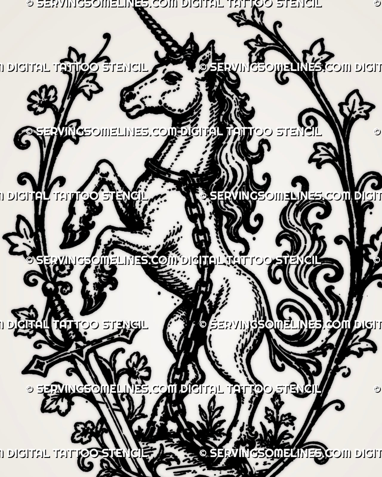 Close view of heraldic unicorn tattoo stencil showing spiral horn, lifted legs, sword, chain, leafy vines, and medieval fantasy detail