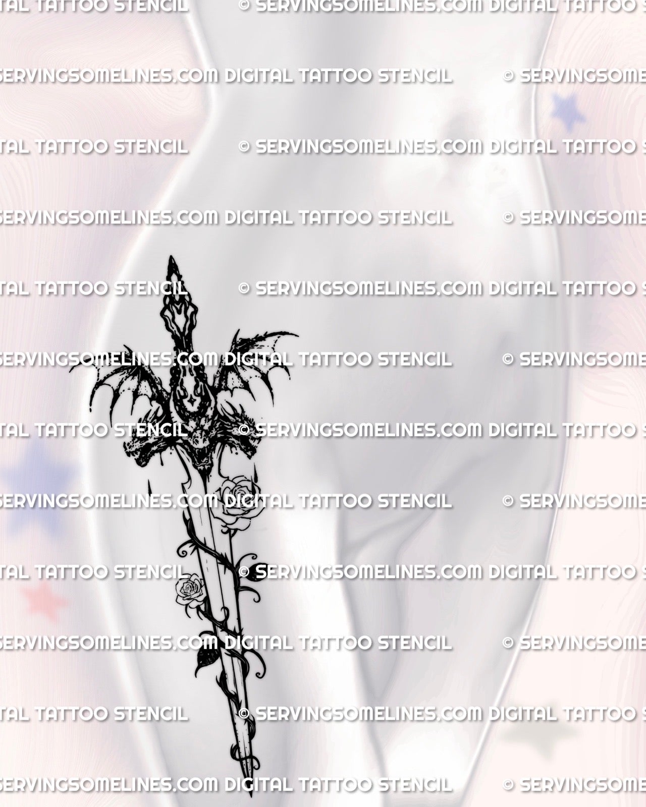 womens hip tattoo mockup featuring dark feminine dragon rose dagger with wings and vines, gothic fantasy blade design for side hip placement