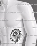 Horned dragon tattoo stencil shown on men’s ribs with medieval dragon head, open mouth, sharp teeth, gothic frame, and dark fantasy tattoo for men style