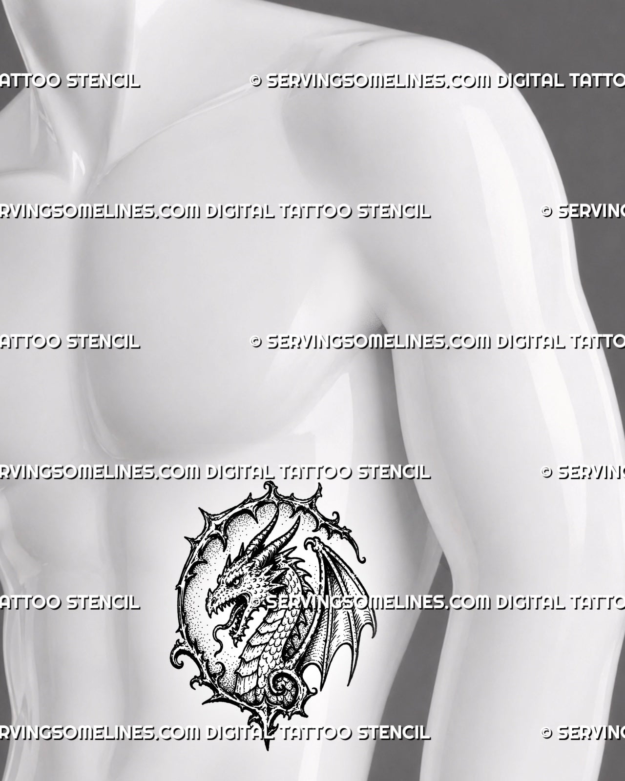 Horned dragon tattoo stencil shown on men’s ribs with medieval dragon head, open mouth, sharp teeth, gothic frame, and dark fantasy tattoo for men style