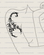 Feminine gothic scorpion tattoo stencil for the arm, neo tribal scorpion line art mixed with cybersigil curves, a bold yet elegant cyber sigil scorpion tattoo design.