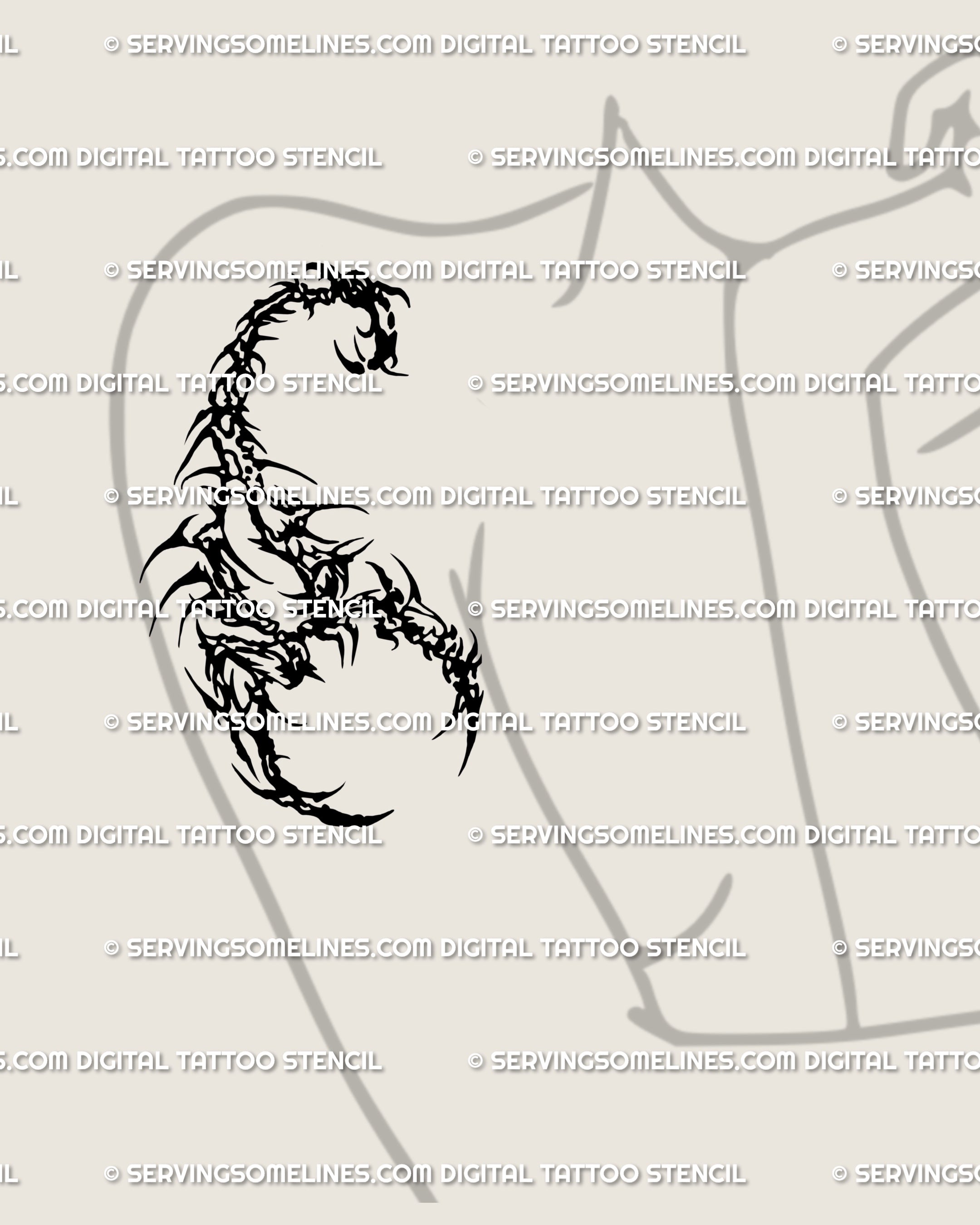 Feminine gothic scorpion tattoo stencil for the arm, neo tribal scorpion line art mixed with cybersigil curves, a bold yet elegant cyber sigil scorpion tattoo design.