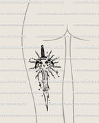 Sun and Moon Sword Tattoo Stencil – Celestial Cyber Dagger Line Art Design