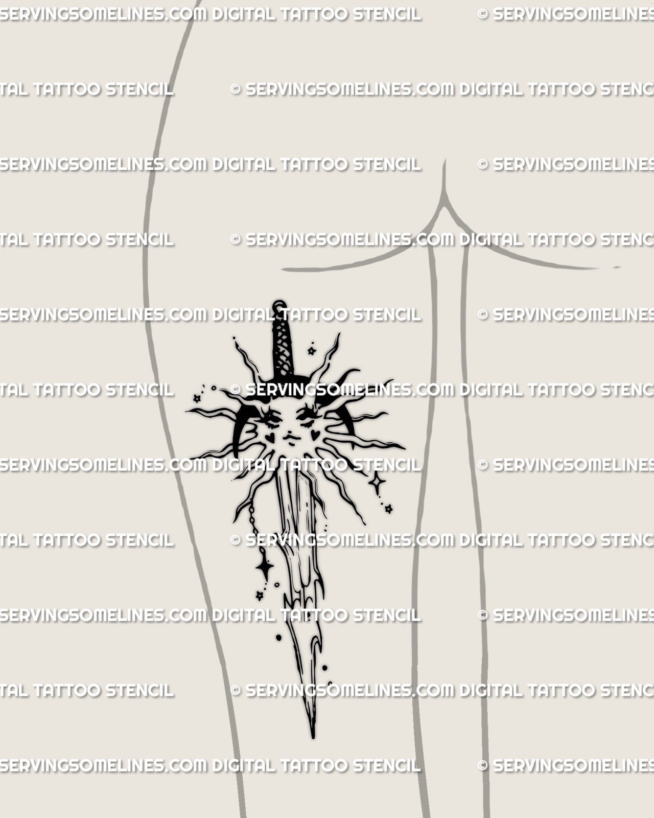 Sun and Moon Sword Tattoo Stencil – Celestial Cyber Dagger Line Art Design