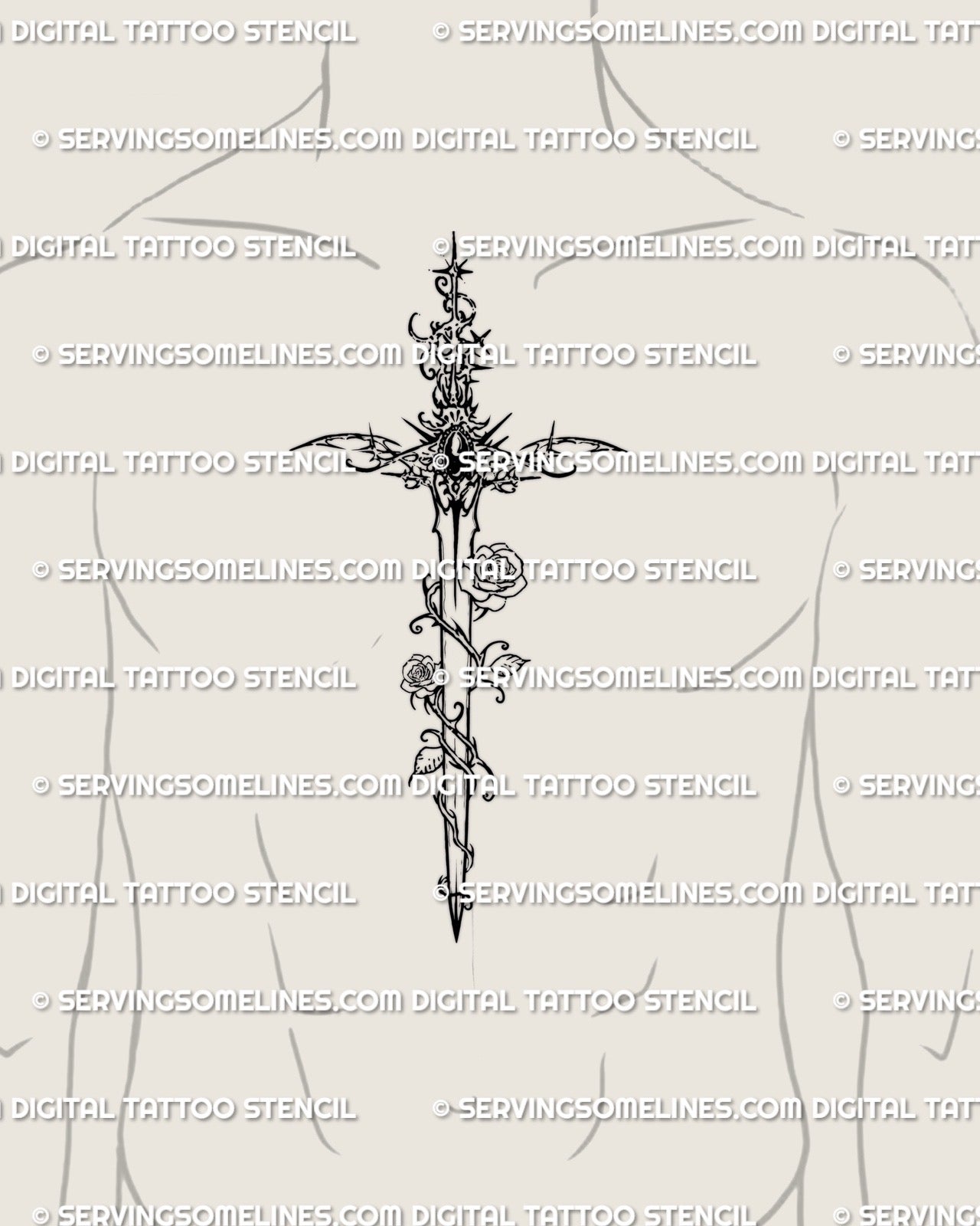Cybersigilism Rose Sword Tattoo Stencil, Cyber Gothic Dagger Design