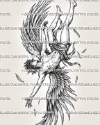 Icarus falling angel tattoo stencil download with winged male figure, large feathered wings, loose cloth, and scattered feathers.