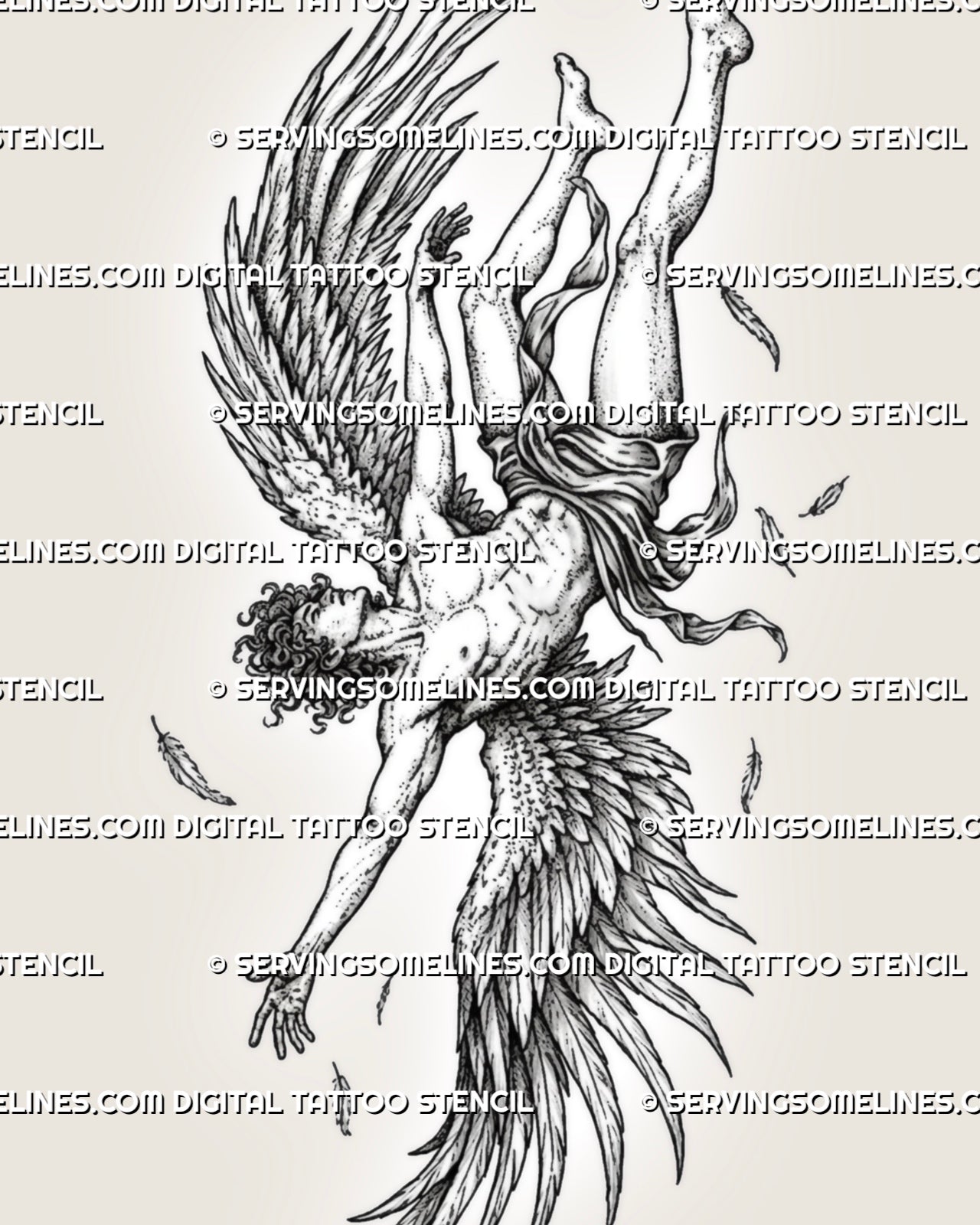 Icarus falling angel tattoo stencil download with winged male figure, large feathered wings, loose cloth, and scattered feathers.