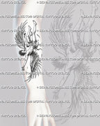 Icarus falling tattoo shown on forearm, with a winged male body, lifted legs, loose cloth, and falling feather details.