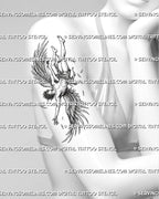 Icarus wings tattoo preview on women’s arm, with falling male figure, feather details, lifted legs, and mythology-inspired mood.