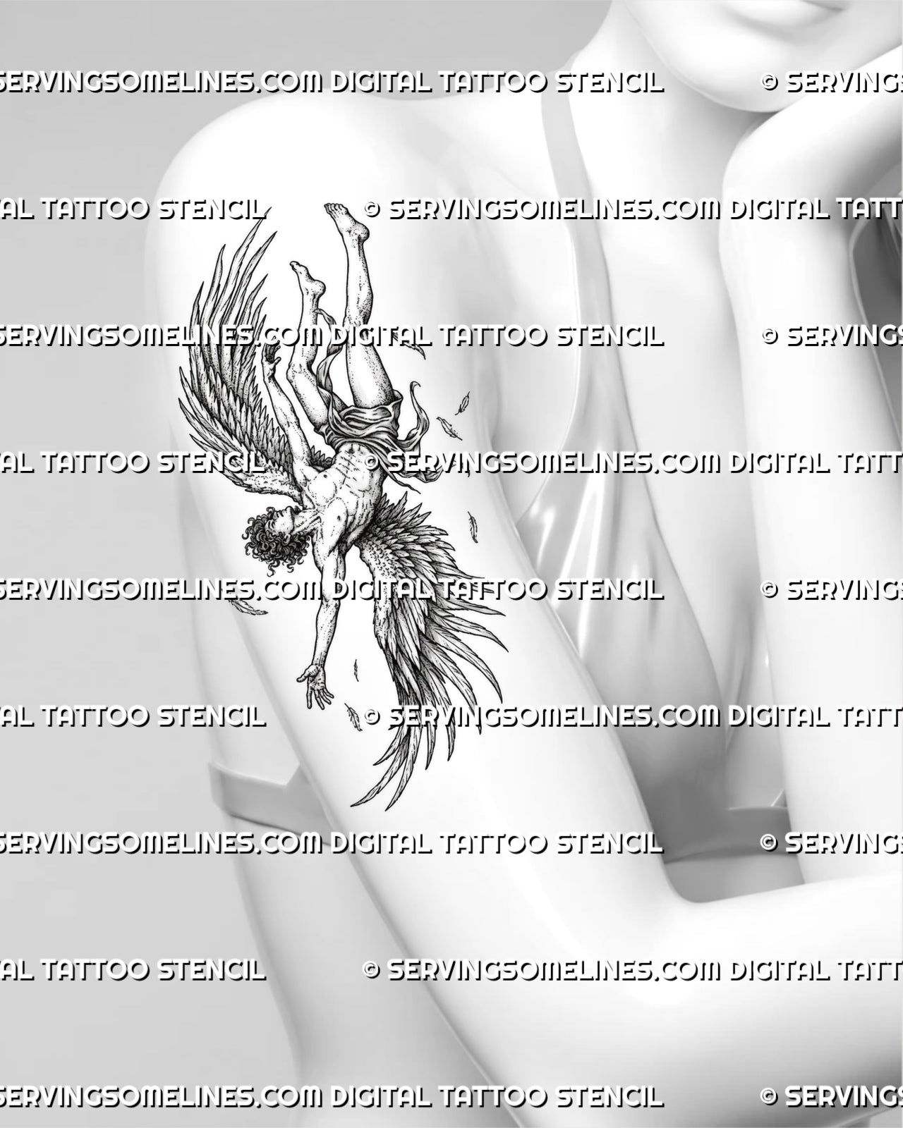 Icarus wings tattoo preview on women’s arm, with falling male figure, feather details, lifted legs, and mythology-inspired mood.