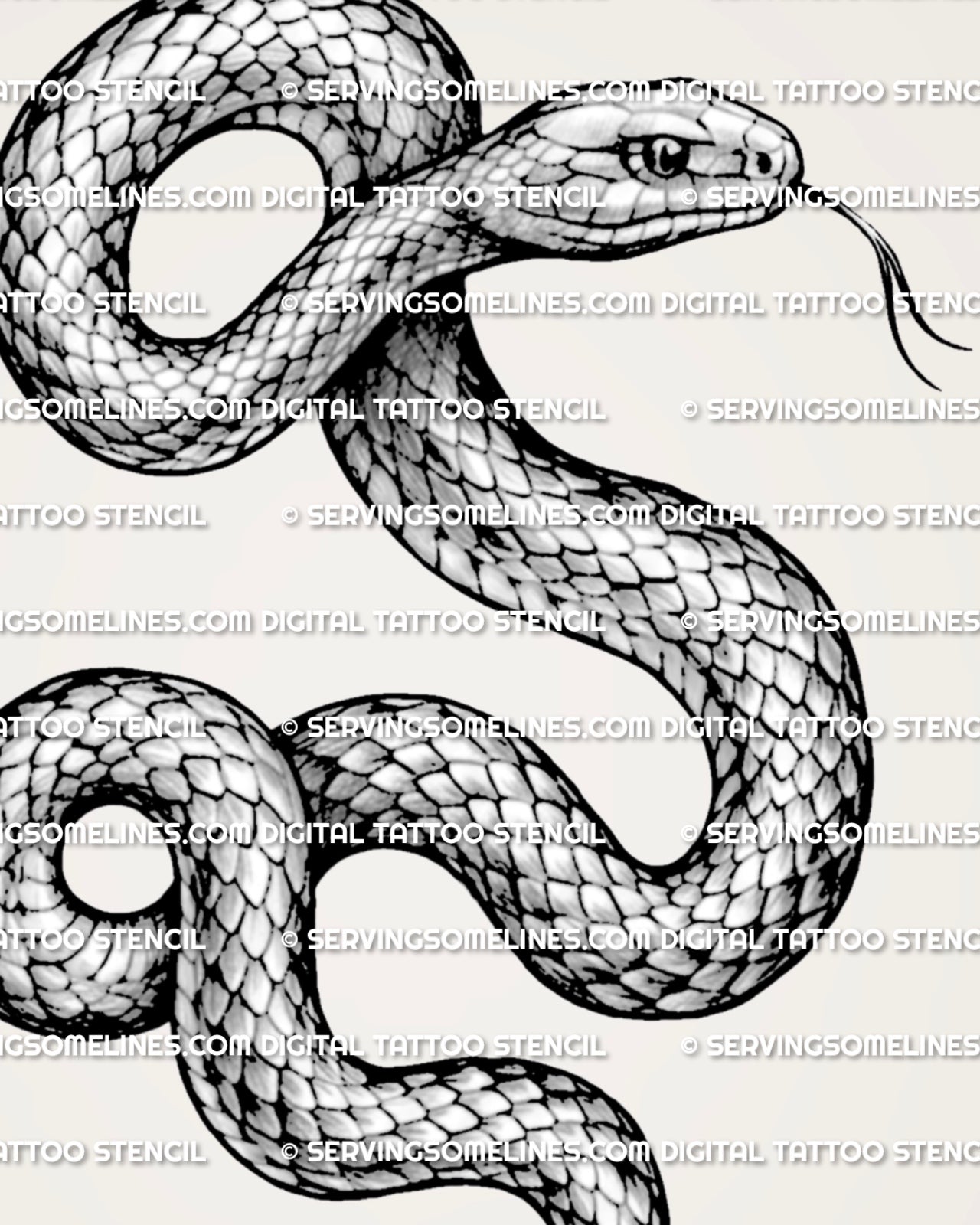Close-up of illustrative snake tattoo design showing detailed scale texture, raised serpent head, forked tongue, and fine linework.