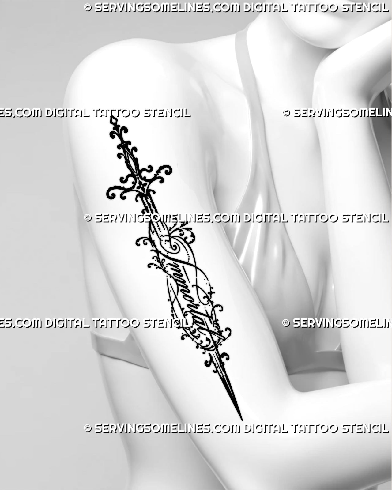 Immortal cursive word sword tattoo shown on a woman’s arm with an elongated blade, flowing lettering, ornate guard, and feminine ornamental linework