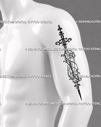 Immortal lettering sword tattoo shown on a man’s arm with a long pointed blade, cursive script, ornate hilt, and filigree-inspired details