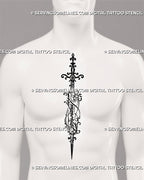 Immortal ornamental sword tattoo centered on a man’s chest with integrated cursive writing, an elongated blade, decorative hilt, and gothic filigree details
