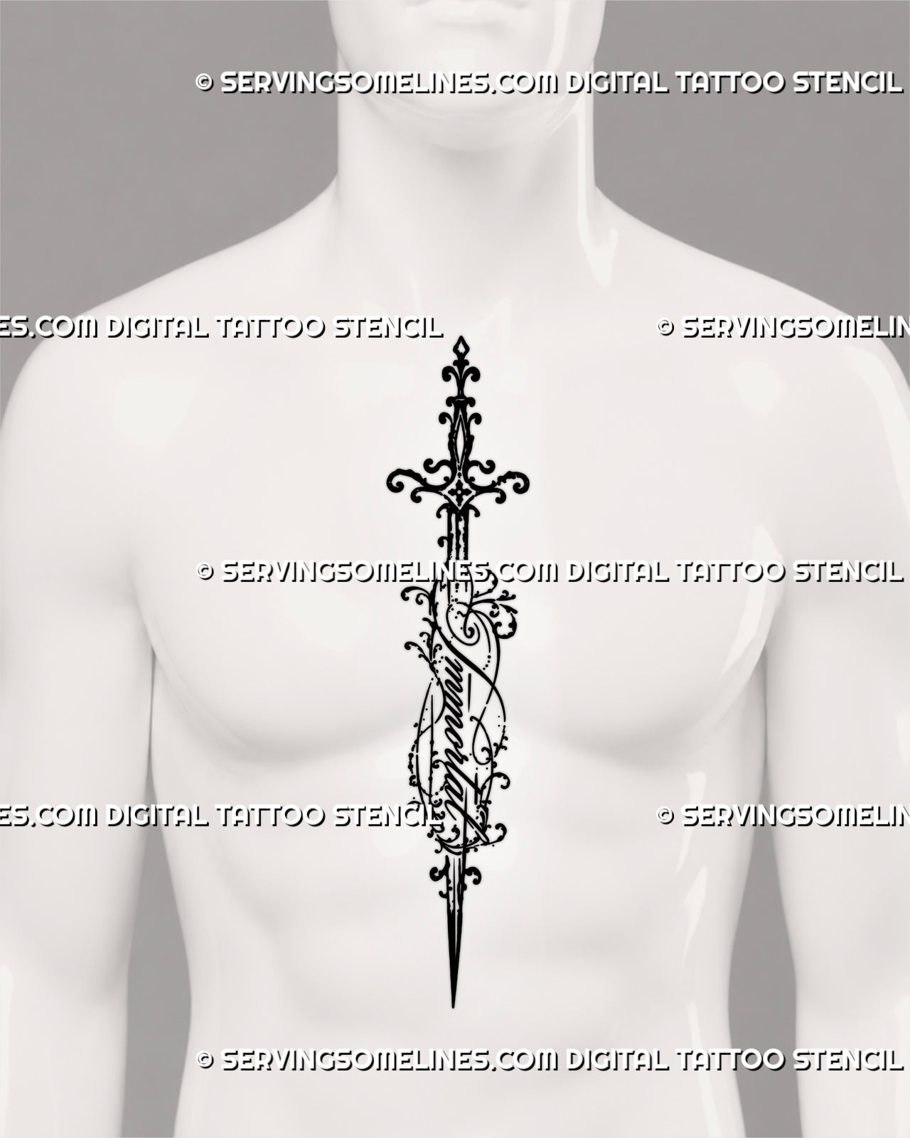 Immortal ornamental sword tattoo centered on a man’s chest with integrated cursive writing, an elongated blade, decorative hilt, and gothic filigree details
