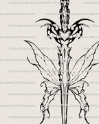 Neotribal sigilism tattoo design close-up, butterfly wings wrap the heart, crisp dagger point, balanced symmetry for clean stencils. 